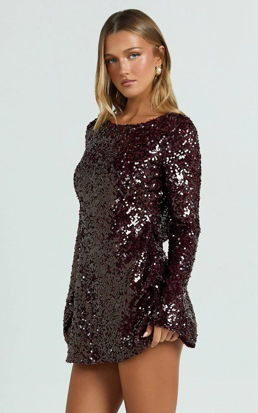 Bertina Mini Dress - Sequin Scoop Neck Low Back Dress in Wine