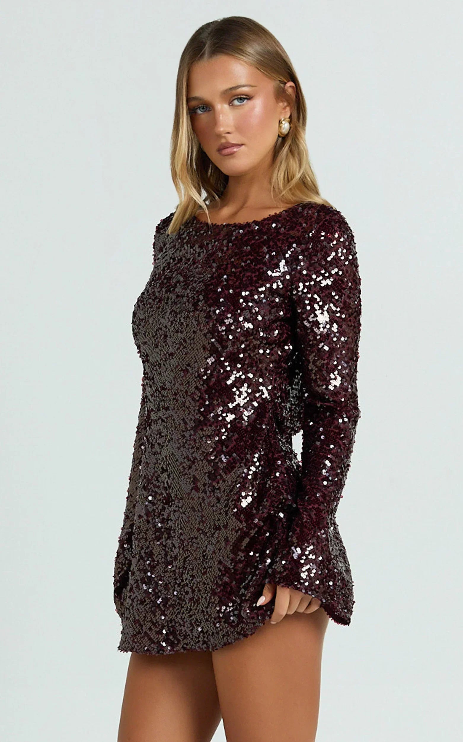 Bertina Mini Dress - Sequin Scoop Neck Low Back Dress in Wine