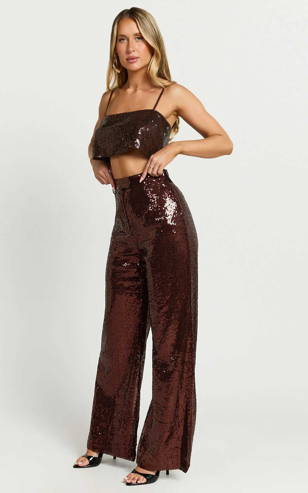Elswyth Pants - Tailored Wide Leg Sequins Pants in Chocolate