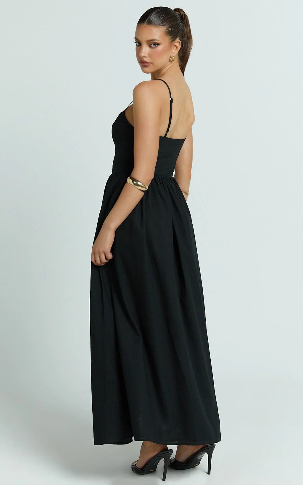 Morris Midi Dress - Linen Scoop Neck Gathered Dress in Black