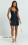 Chrysoula Mini Dress - Square Neck Zip Front Sleeveless Bodycon Denim in Raw Denim with Tobacco Stitch