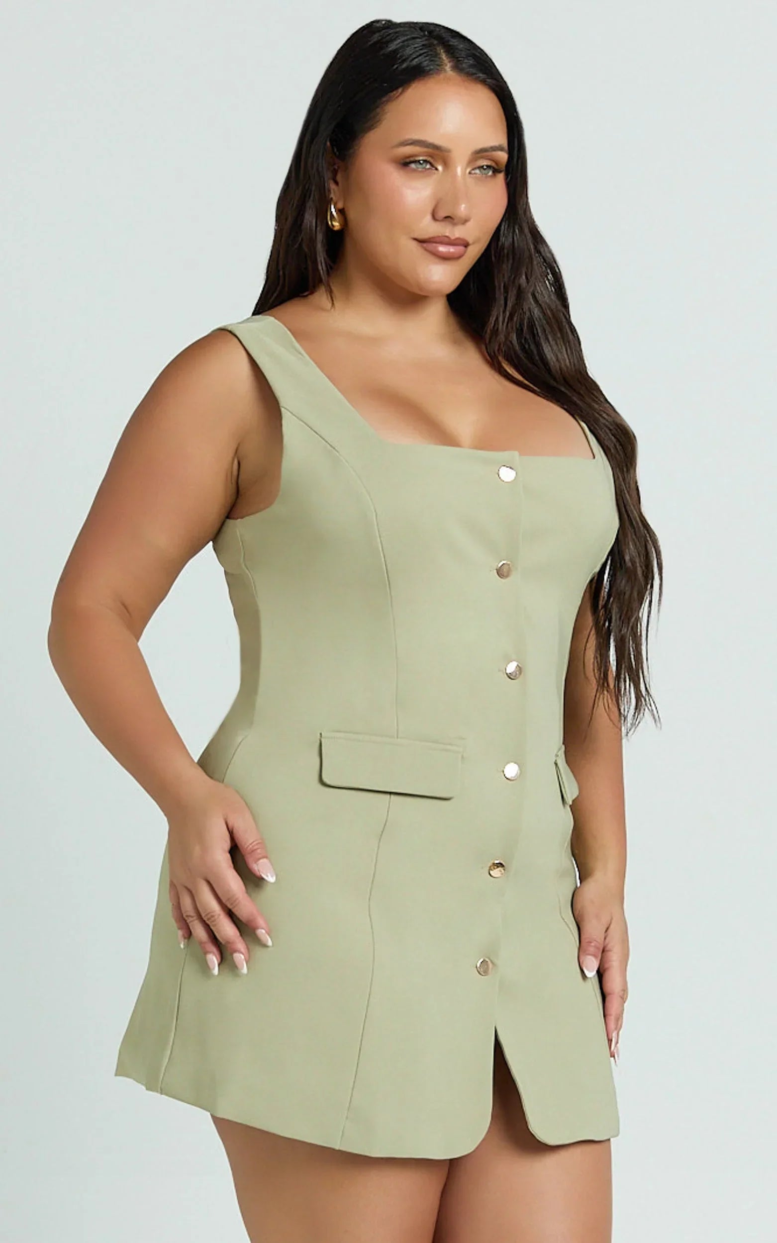 Kenna Mini Dress - Square Neck Button Down Mini Dress in Sage