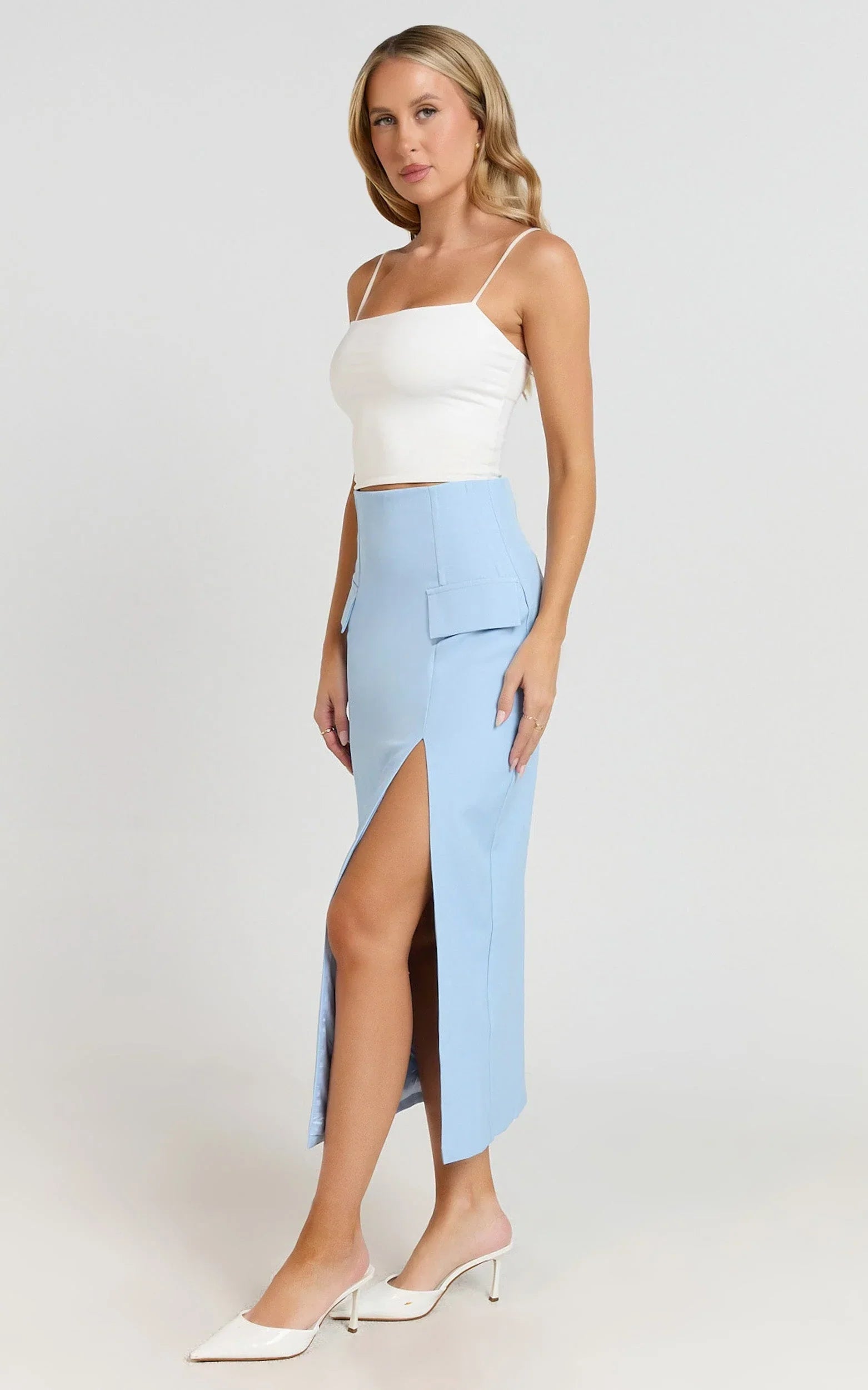 Davie Midi Skirt - High Waist Split Front Skirt in Ice Blue