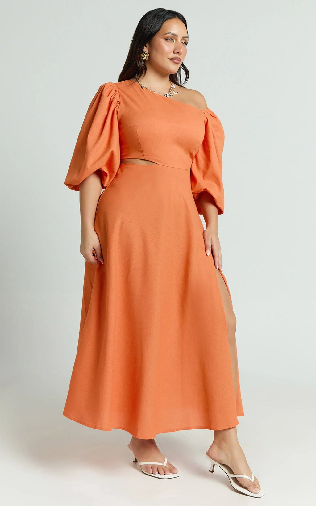 Rhyne Midi Dress - Asymmetric Puff Sleeve Side Cut Out A Line Dress in Papaya