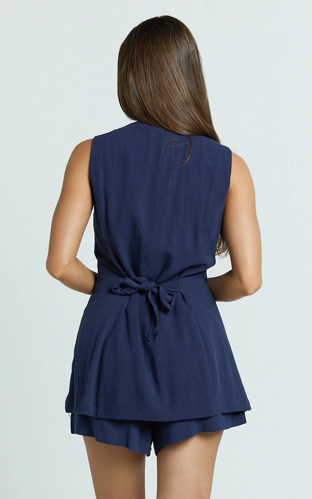 Olivia Top - Longline Linen V Neck Back Tie Vest Top in Navy