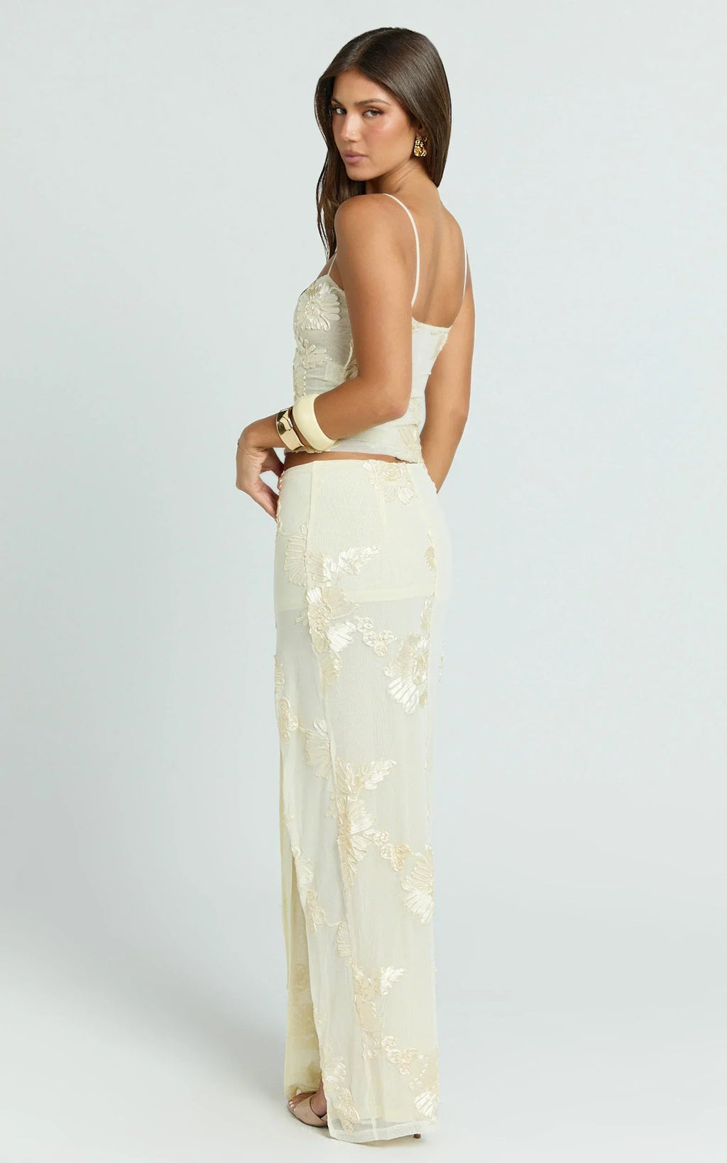 Jelena Maxi Skirt - Embroidered Floral Mid Waist Bodycon Skirt in Lemon