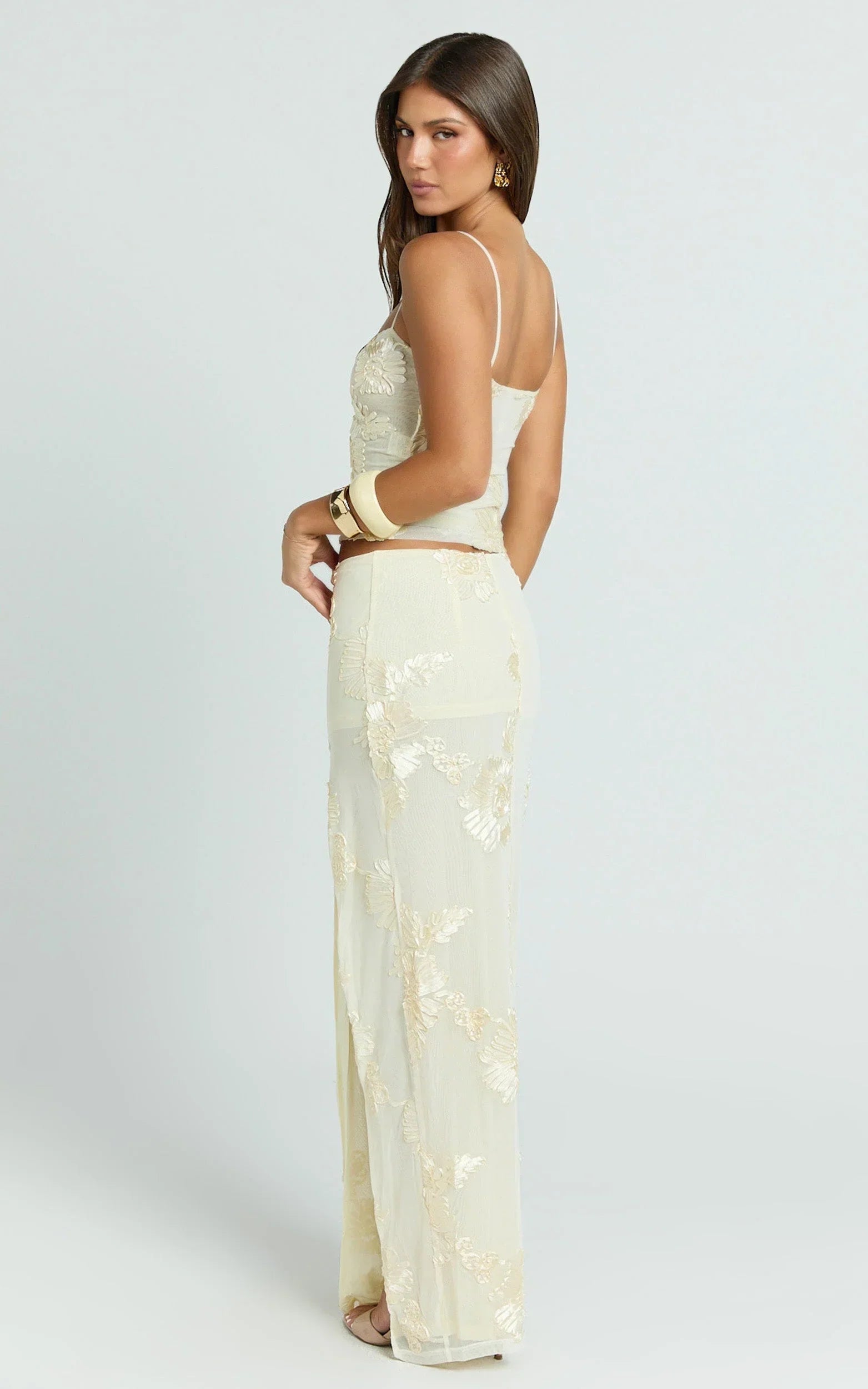 Jelena Maxi Skirt - Embroidered Floral Mid Waist Bodycon Skirt in Lemon