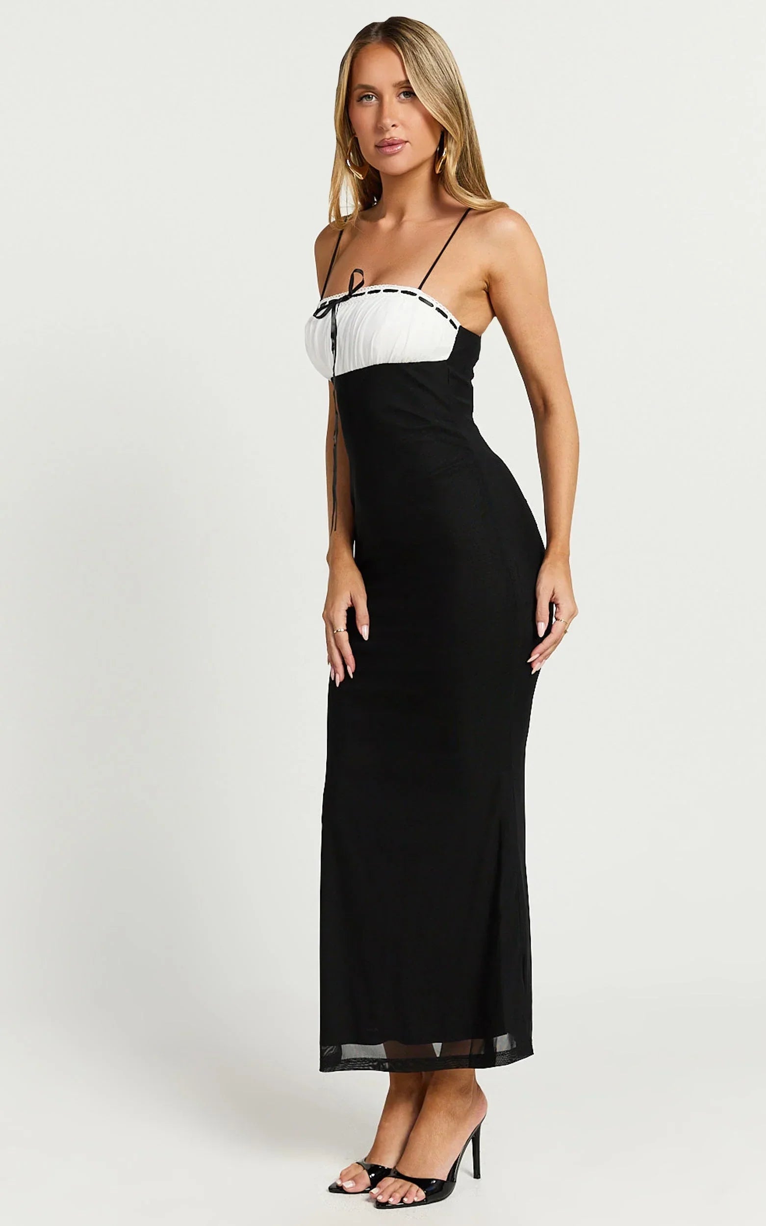 Emelia Midi Dress - Strappy Straight Neck Ruched Bust Dress in Black