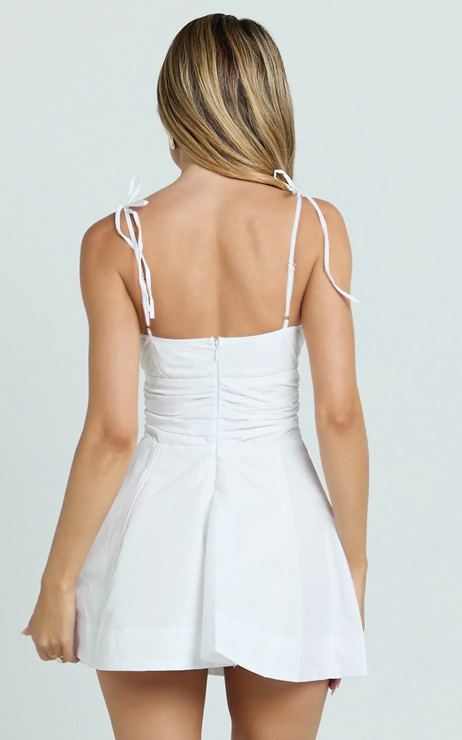 Kristy Mini Dress - V Neck Tie Bust A Line Dress in White