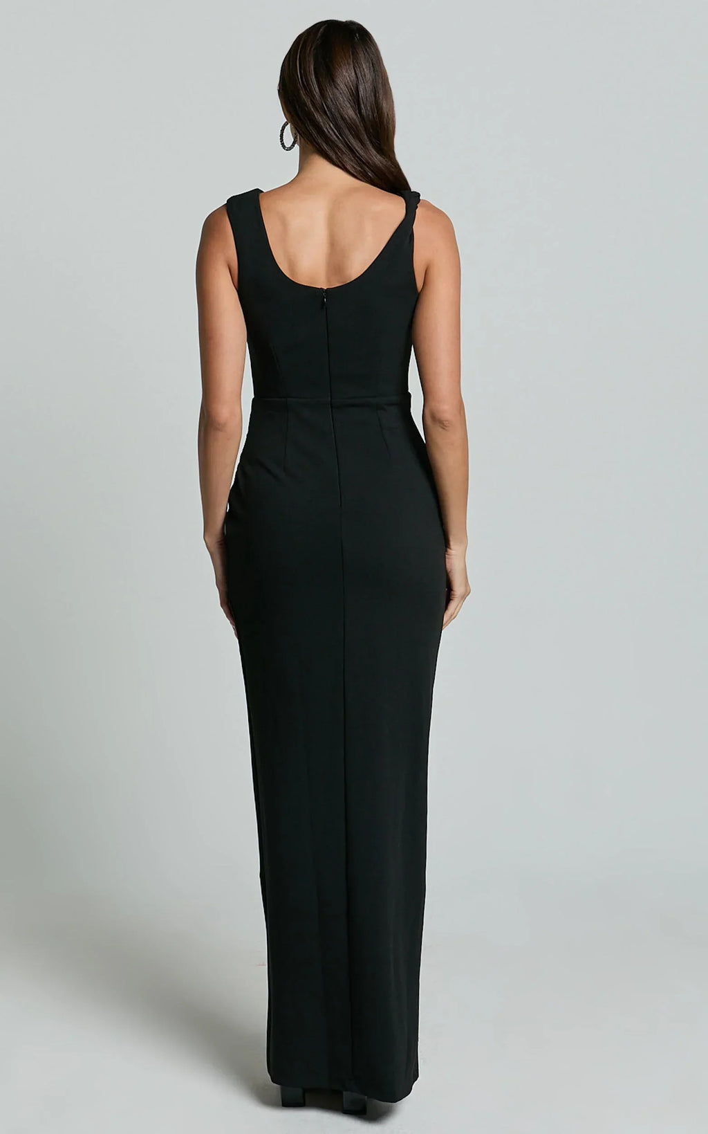 Celia Maxi Dress - Twist Shoulder Bodycon Thigh Split Dress in Black