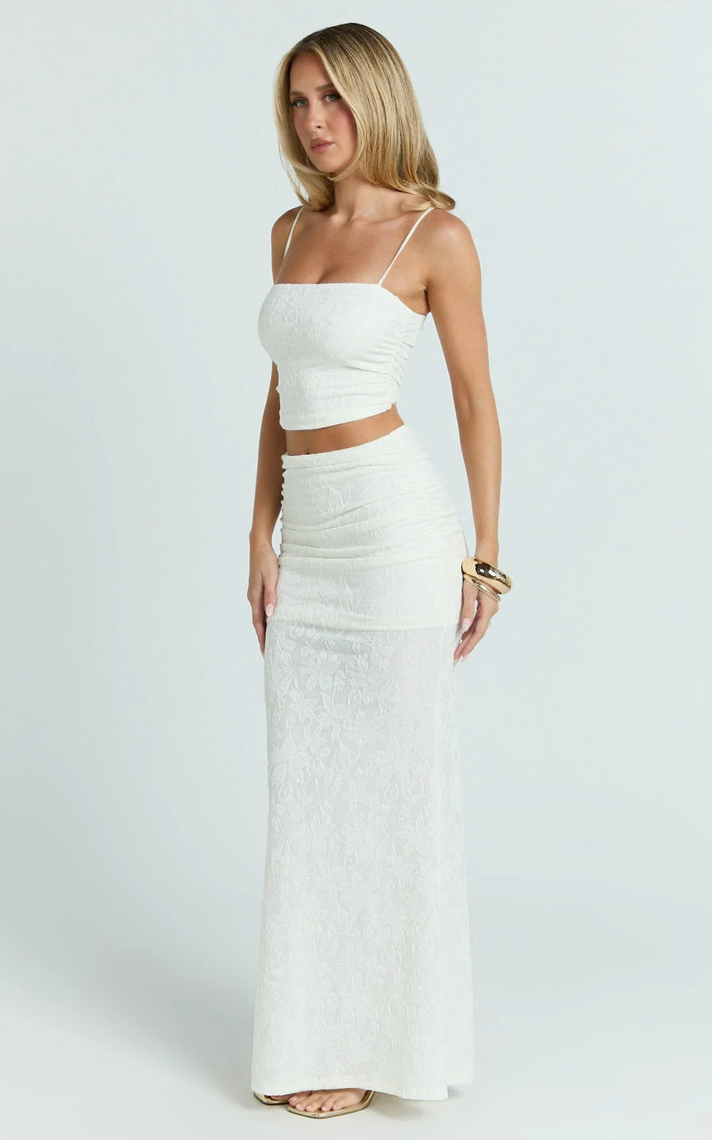 Kayrene Two Piece Top and Skirt Set - Straight Neck Top And Ruched Low Rise Maxi Skirt in Cream