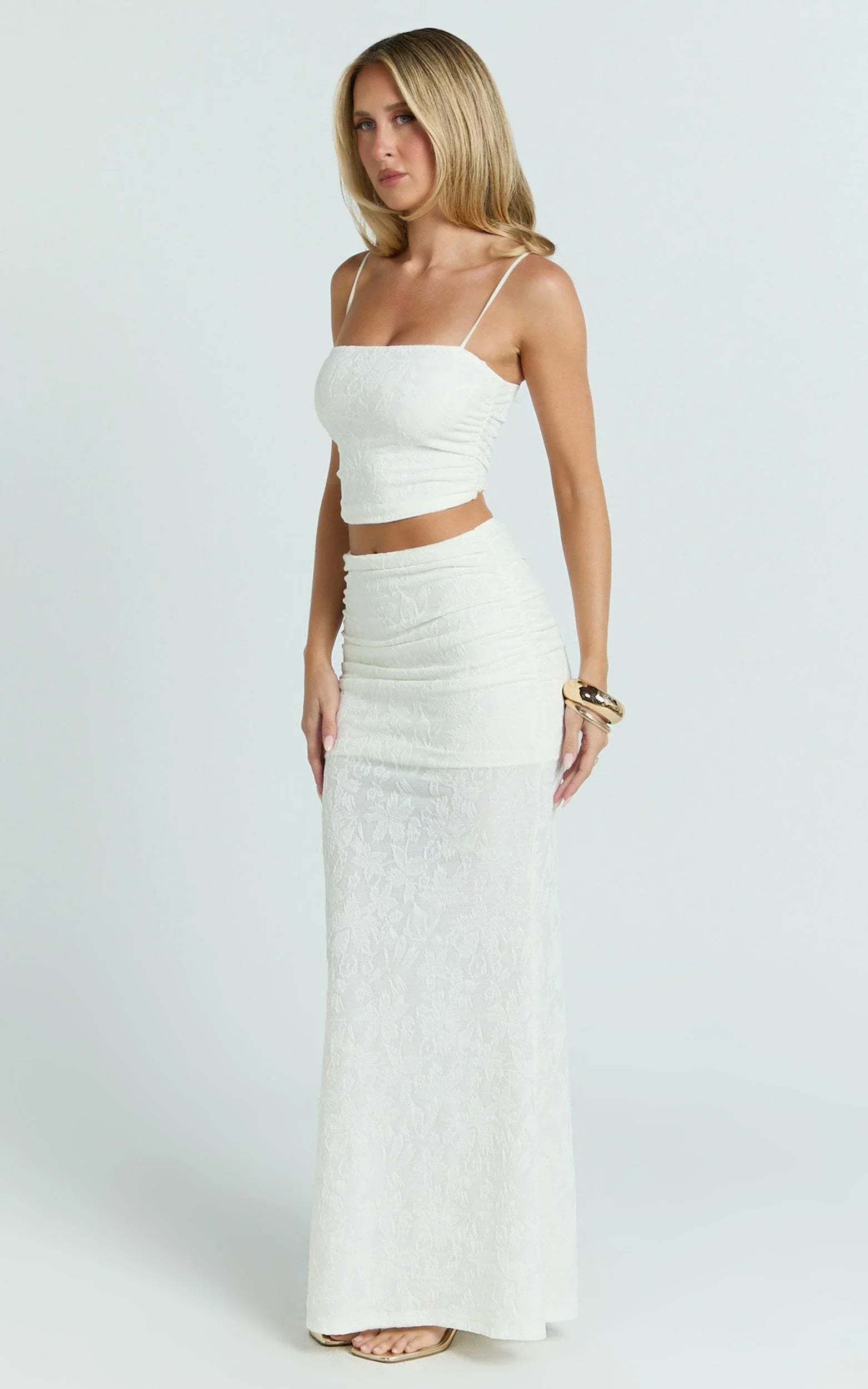 Kayrene Two Piece Top and Skirt Set - Straight Neck Top And Ruched Low Rise Maxi Skirt in Cream