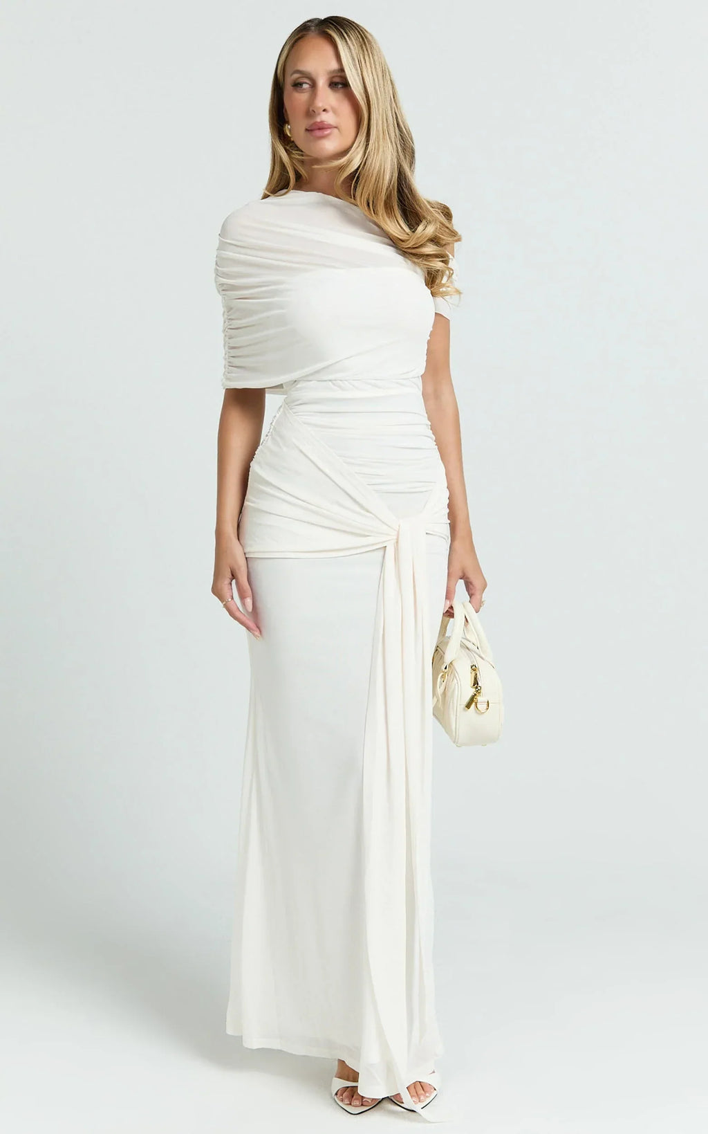 Nicolette Maxi Dress - Cape Sleeve Off Shoulder Dress in Cream