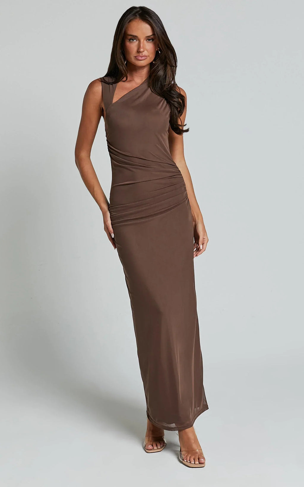 Lara Midi Dress - Asymmetrical Ruched Mesh Dress in Chocolate