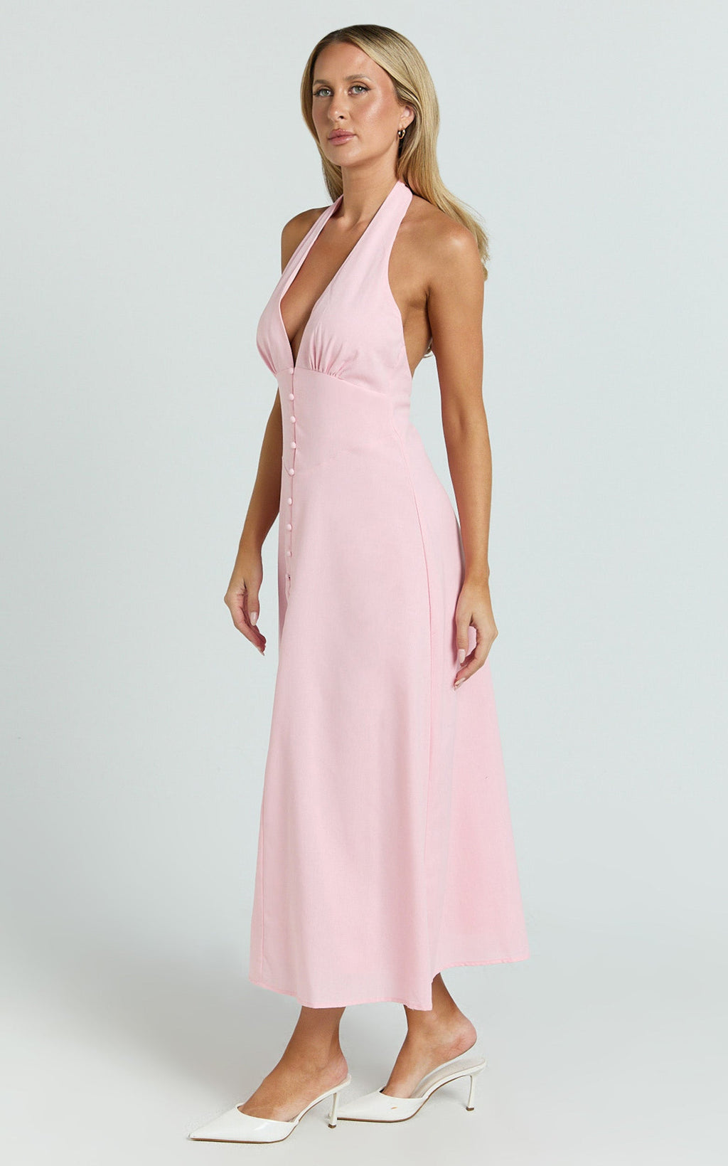 Beata Midi Dress - Plunge Halter A Line Dress in Pink