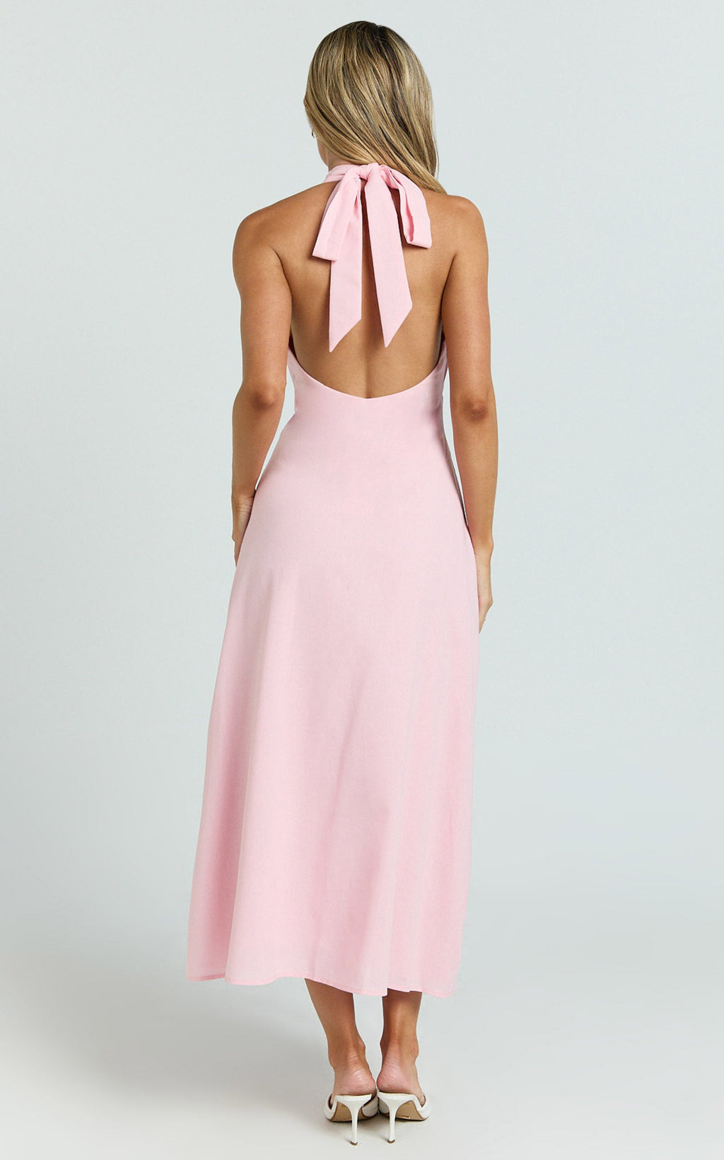 Beata Midi Dress - Plunge Halter A Line Dress in Pink
