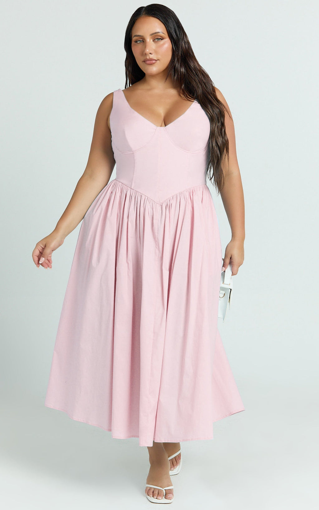 Beckett Midi Dress - Scoop Neck Drop V Waist Gathered Skirt Dress in Pink