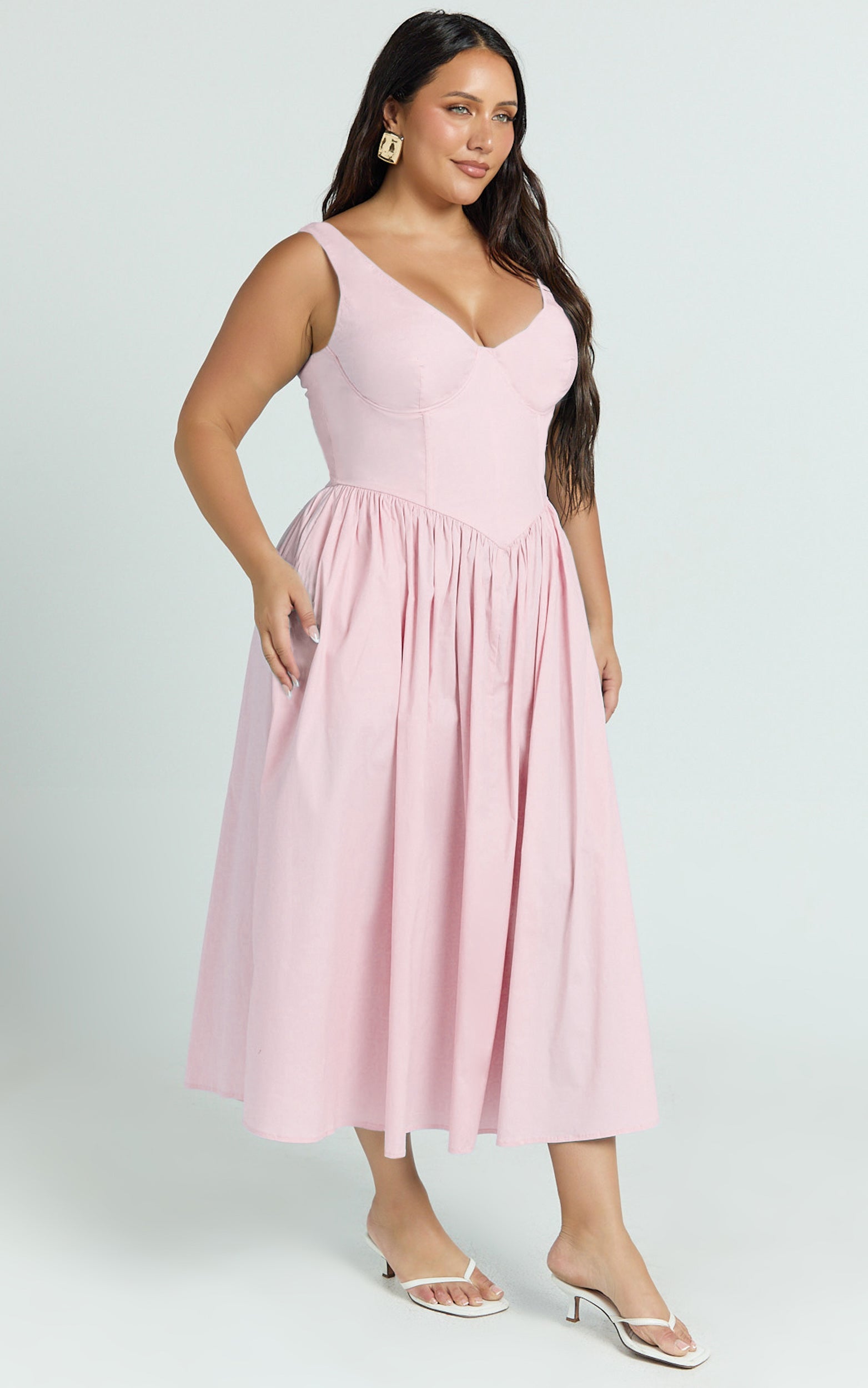 Beckett Midi Dress - Scoop Neck Drop V Waist Gathered Skirt Dress in Pink