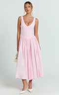 Beckett Midi Dress - Scoop Neck Drop V Waist Gathered Skirt Dress in Pink