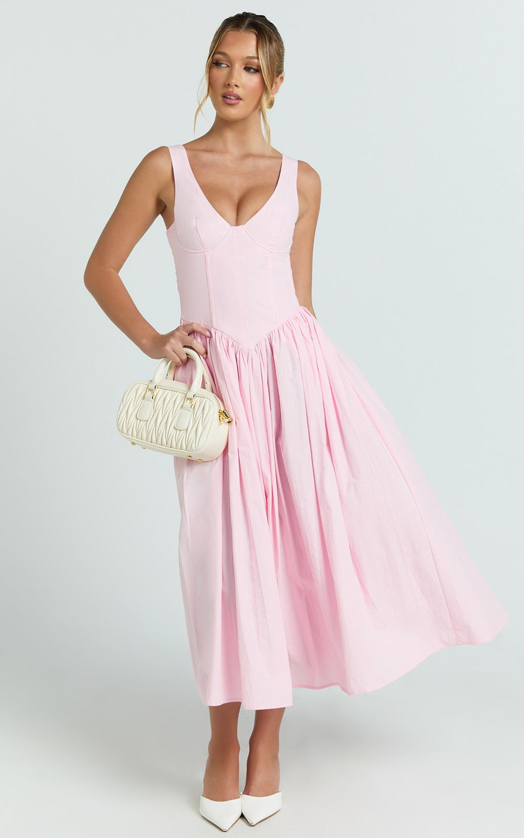 Beckett Midi Dress - Scoop Neck Drop V Waist Gathered Skirt Dress in Pink