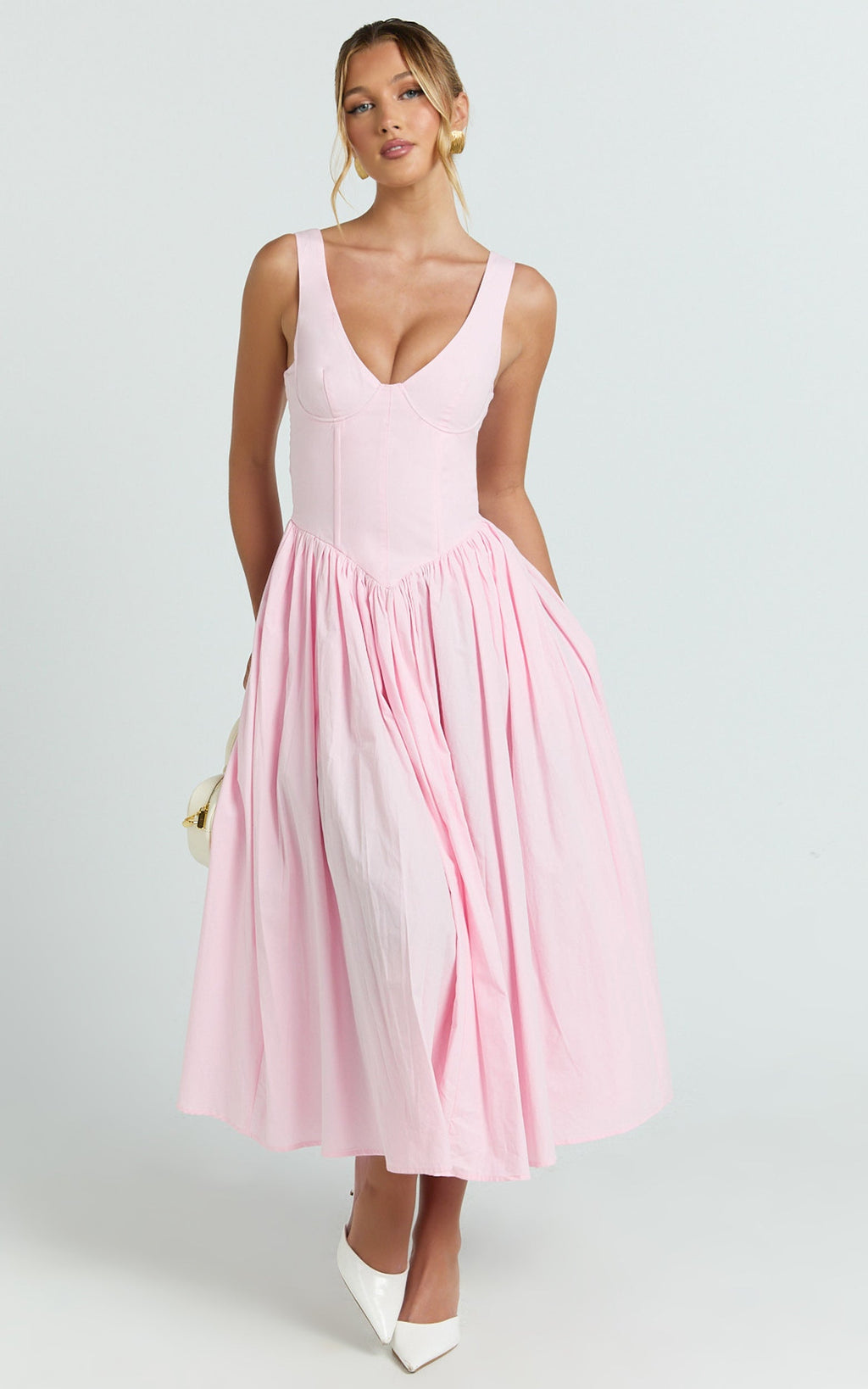 Beckett Midi Dress - Scoop Neck Drop V Waist Gathered Skirt Dress in Pink