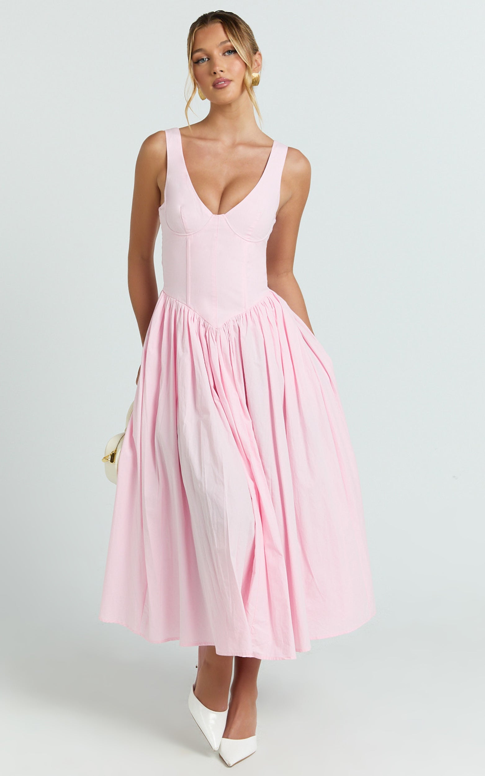 Beckett Midi Dress - Scoop Neck Drop V Waist Gathered Skirt Dress in Pink