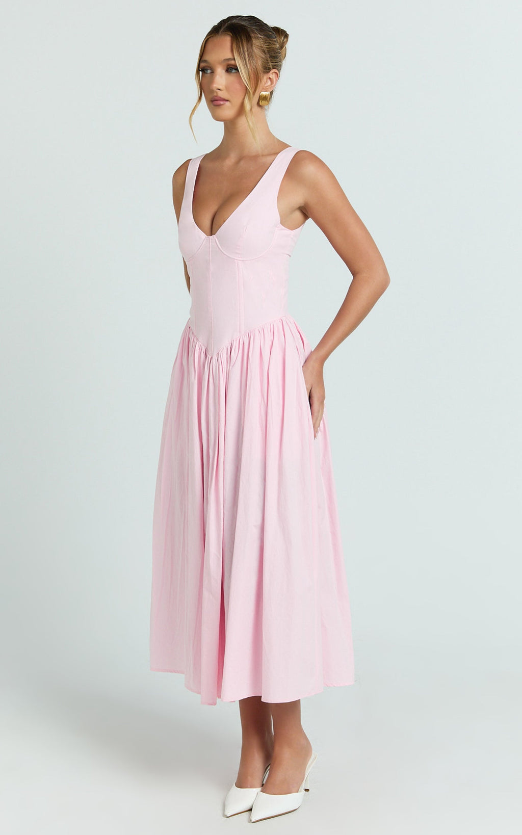 Beckett Midi Dress - Scoop Neck Drop V Waist Gathered Skirt Dress in Pink