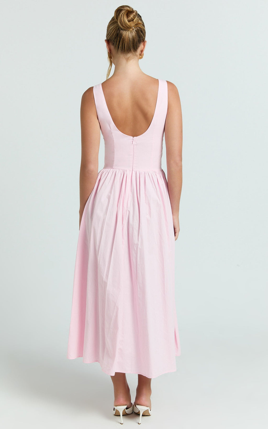 Beckett Midi Dress - Scoop Neck Drop V Waist Gathered Skirt Dress in Pink