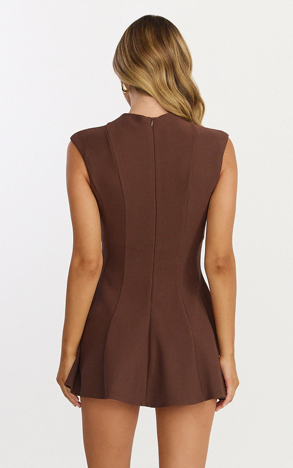 Becky Mini Dress - High Neck Sleeveless Fit And Flare Dress in Chocolate