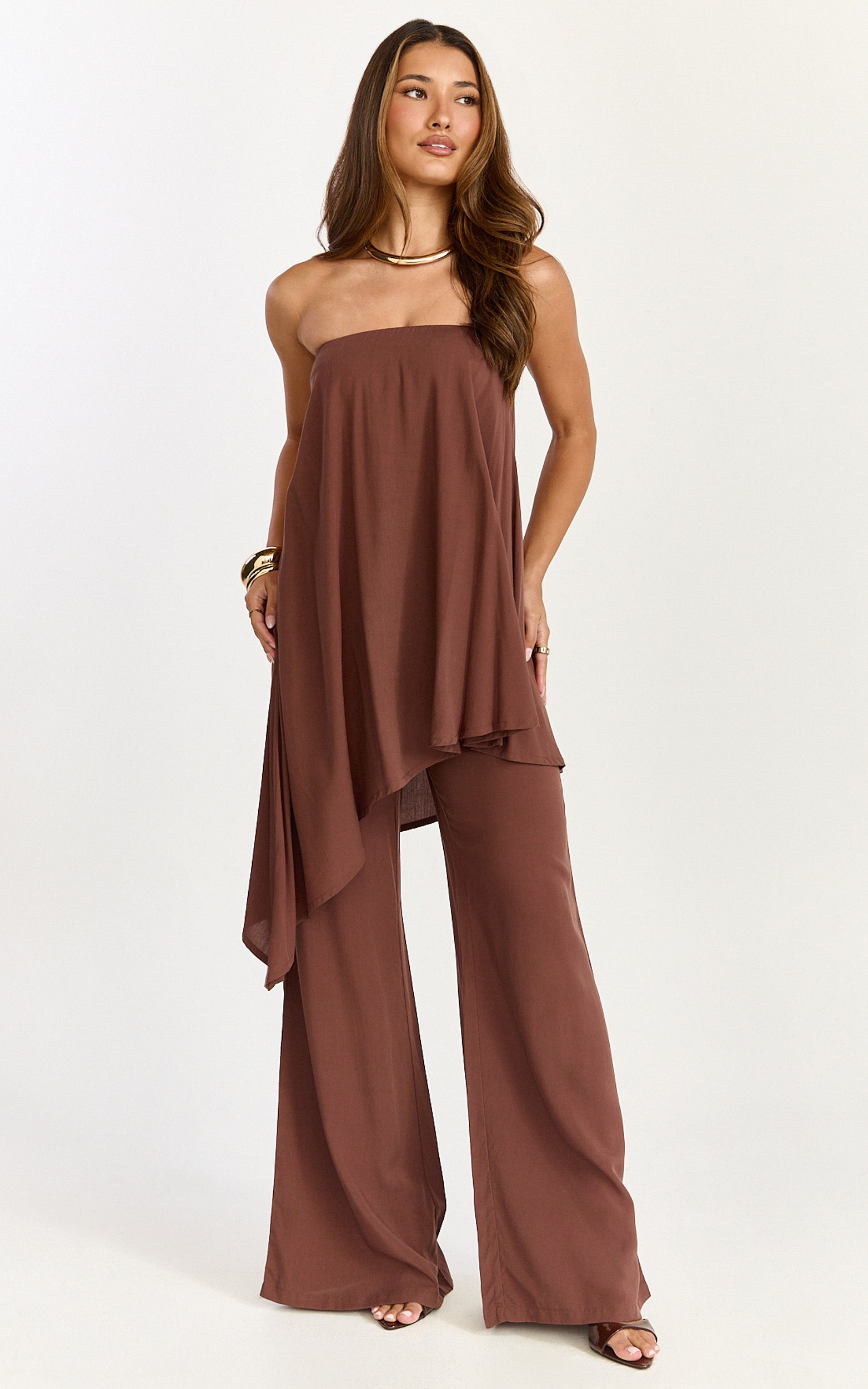 Bella Two Piece Top and Pants Set - Long Line Assym Top And Wide Leg Pants Set in Chocolate