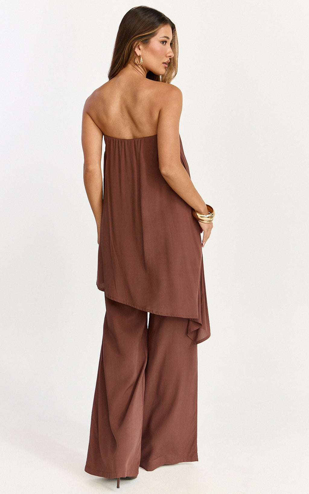 Bella Two Piece Top and Pants Set - Long Line Assym Top And Wide Leg Pants Set in Chocolate