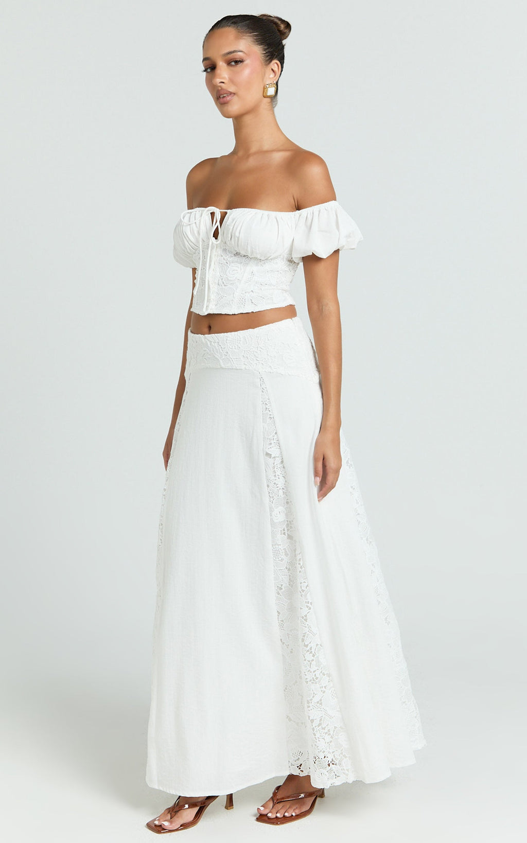 Belle Two Piece Set - Off Shoulder Top and Maxi Skirt Set in White