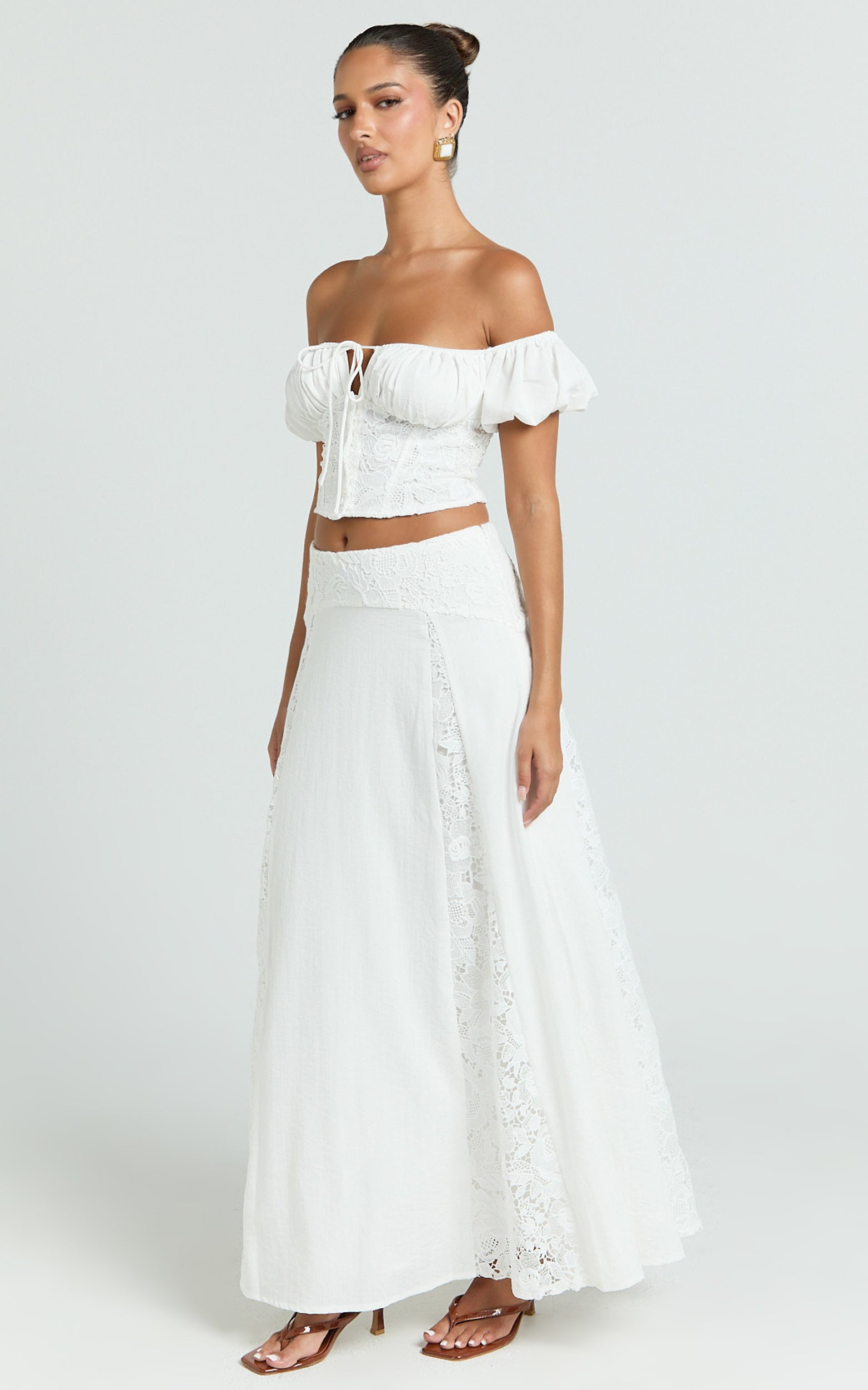 Belle Two Piece Set - Off Shoulder Top and Maxi Skirt Set in White