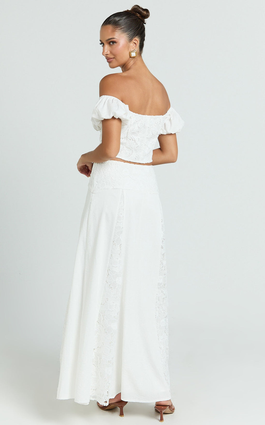 Belle Two Piece Set - Off Shoulder Top and Maxi Skirt Set in White