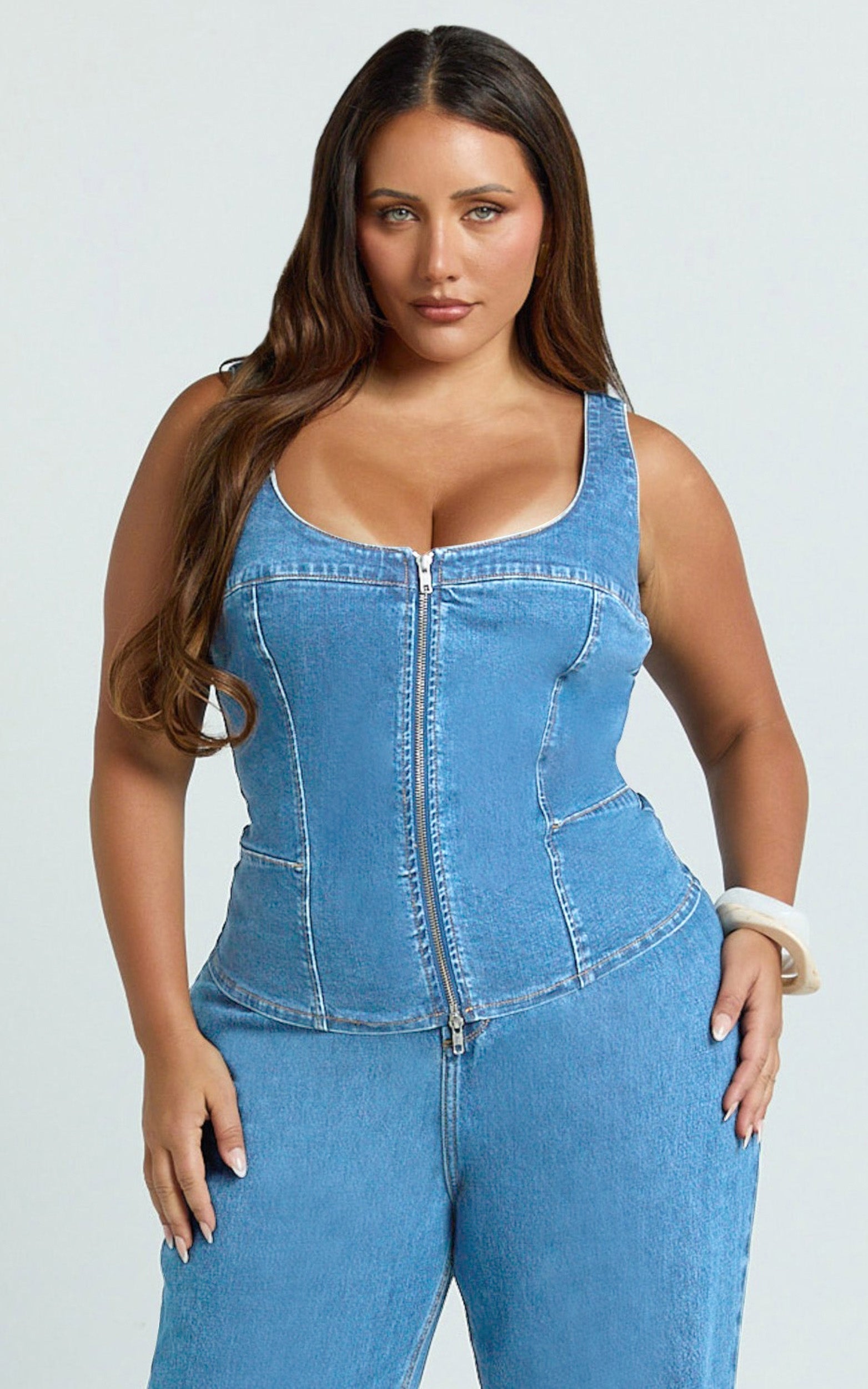 Bellerose Top - Front Zip Denim Fitted Top in Mid Blue