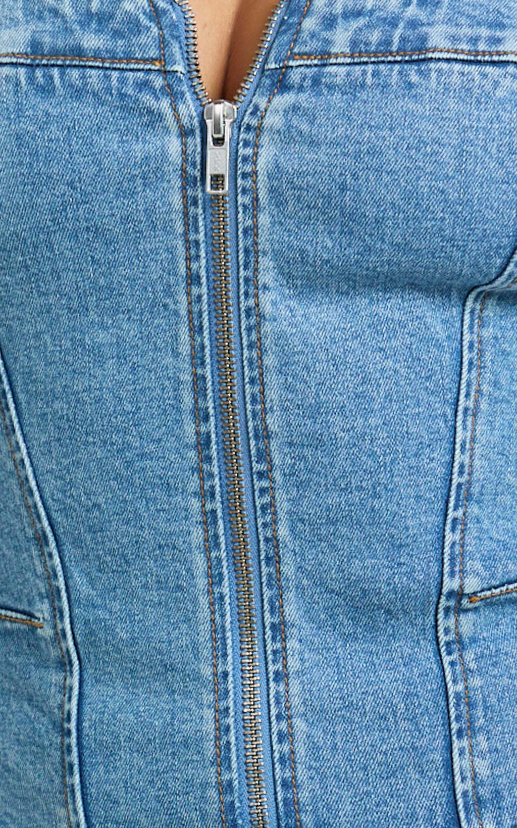 Bellerose Top - Front Zip Denim Fitted Top in Mid Blue