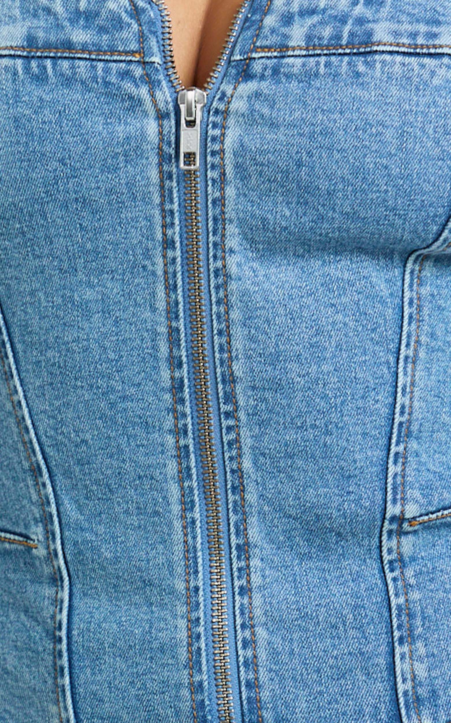 Bellerose Top - Front Zip Denim Fitted Top in Mid Blue