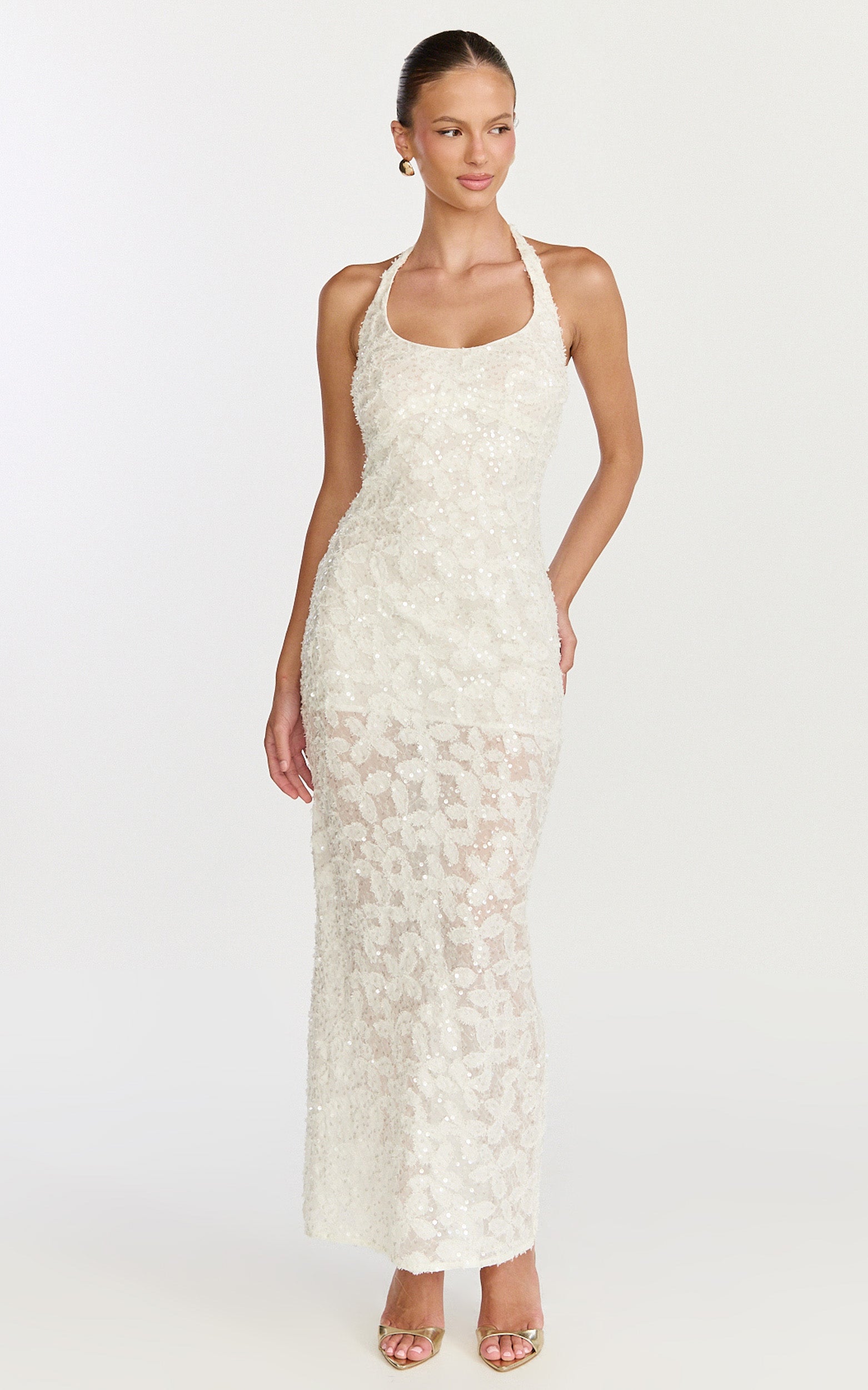 Benny Maxi Dress - Halter Neck Backless Bodycon Dress in Off White