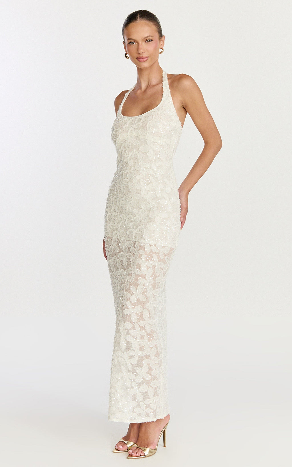 Benny Maxi Dress - Halter Neck Backless Bodycon Dress in Off White