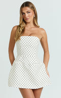 Benson Playsuit - Strapless Fit and Flare Playsuit in White Polka Dot