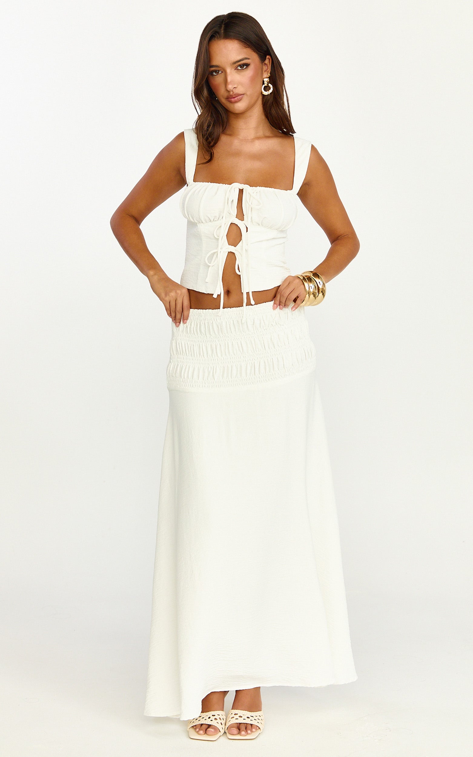 Bianca Midi Skirt - Shirred Yoke Circle Hem Skirt in White