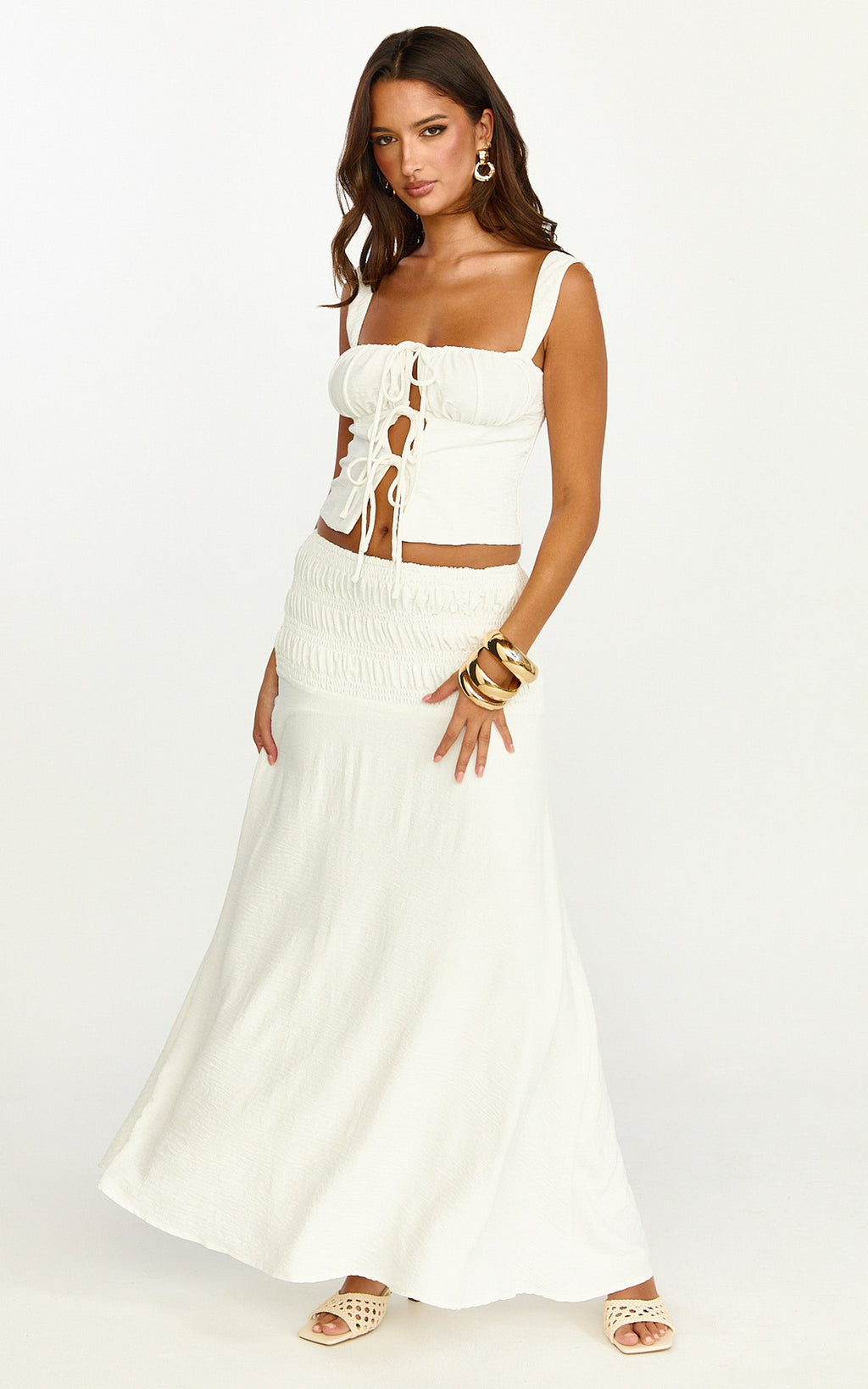 Bianca Midi Skirt - Shirred Yoke Circle Hem Skirt in White