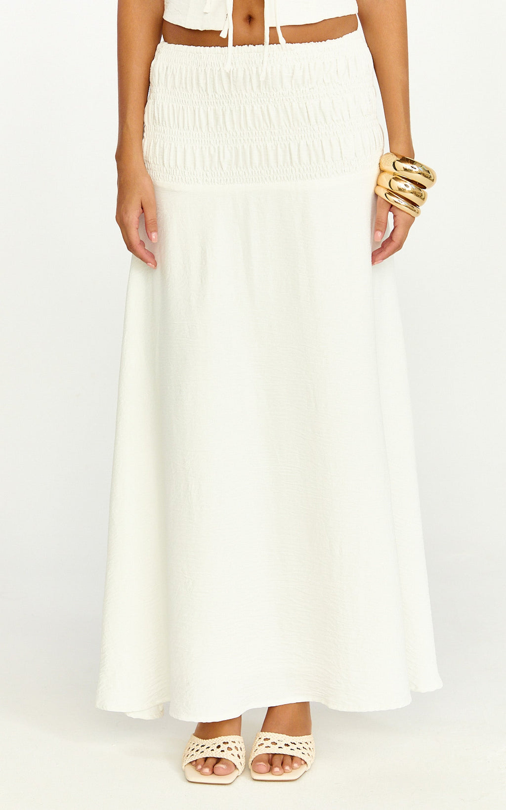 Bianca Midi Skirt - Shirred Yoke Circle Hem Skirt in White