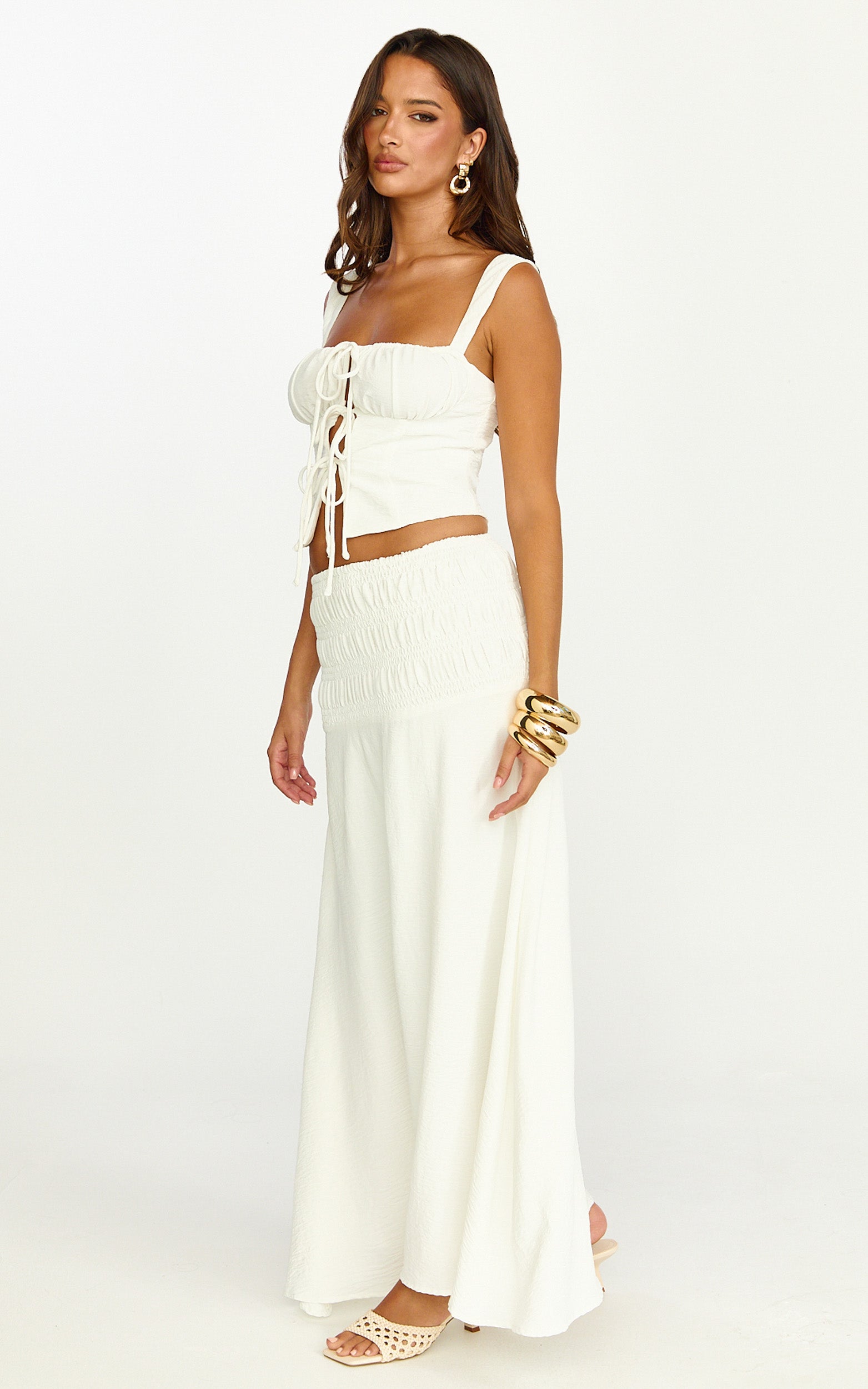 Bianca Midi Skirt - Shirred Yoke Circle Hem Skirt in White