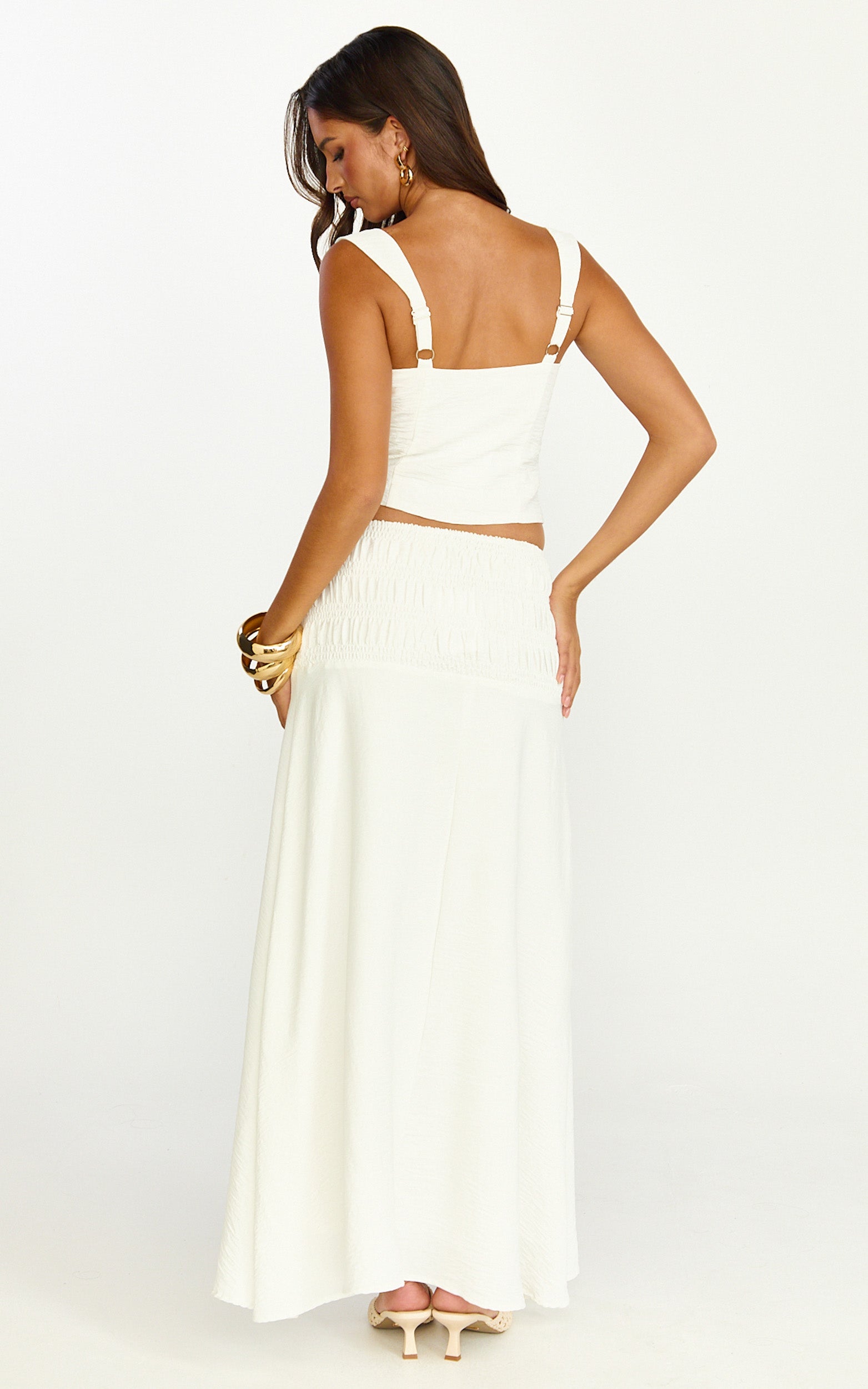 Bianca Midi Skirt - Shirred Yoke Circle Hem Skirt in White
