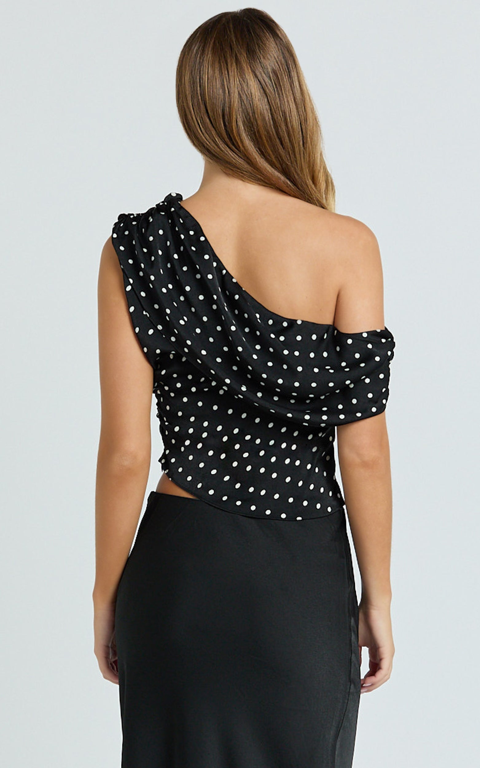 Blanca Top - One Shoulder Bias Cut Top in Black Polka Dot