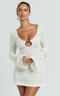 Bonnie Mini Dress - Beaded Keyhole Neckline Long Sleeve Dress in Ivory