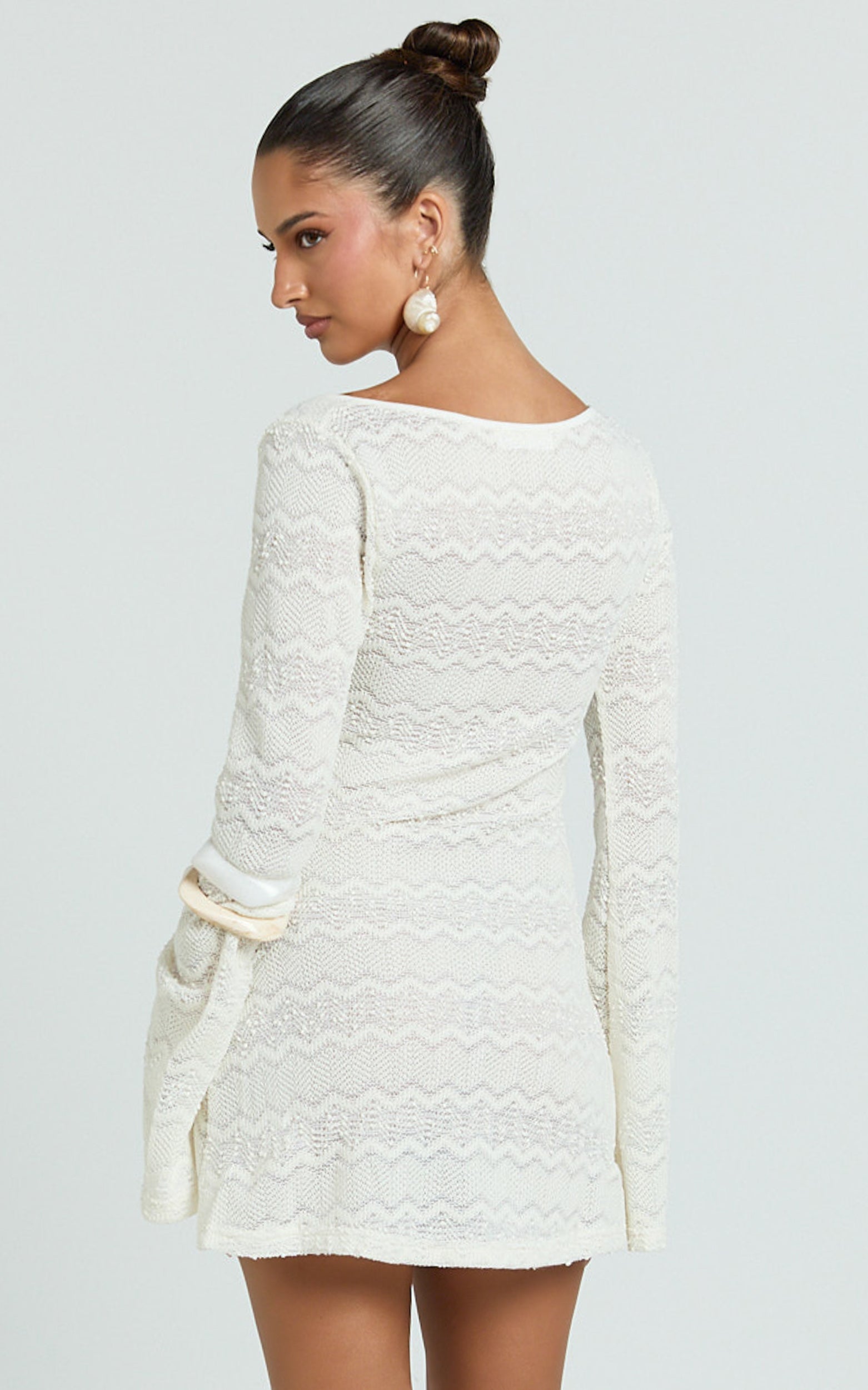Bonnie Mini Dress - Beaded Keyhole Neckline Long Sleeve Dress in Ivory