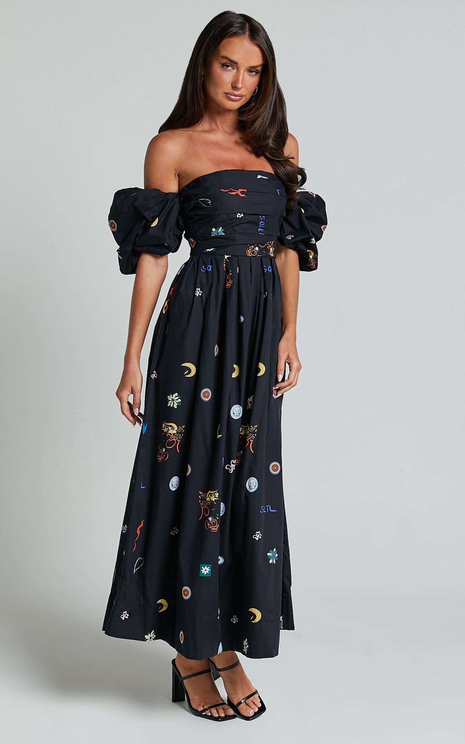 Brianna Midi Dress - Off Shoulder Dress in Black Print
