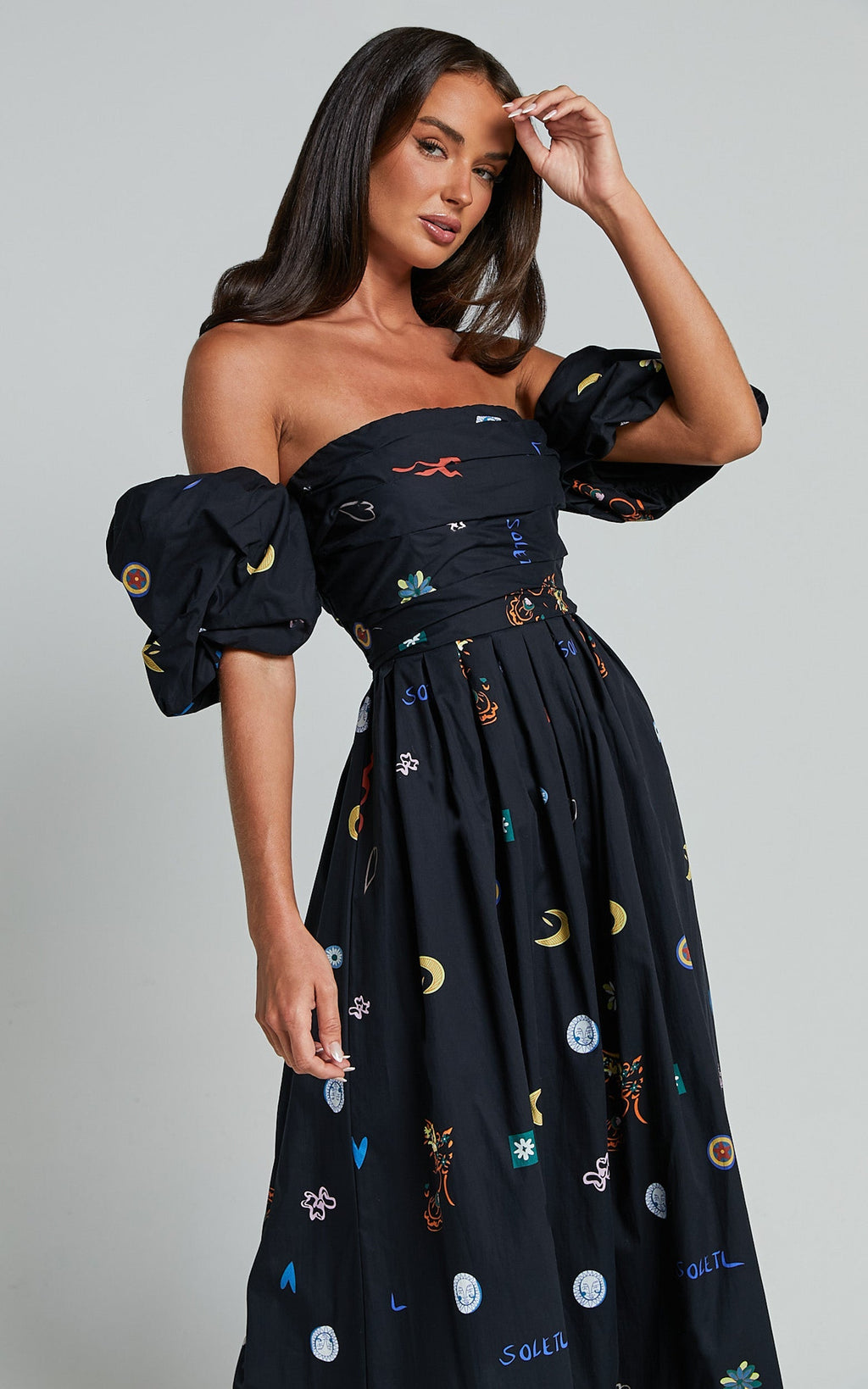 Brianna Midi Dress - Off Shoulder Dress in Black Print